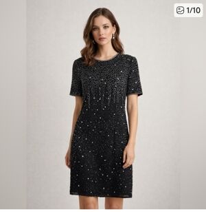 Stenay Black Beaded Sequin Cocktail Dress Petite Medium PM Short Sleeve Evening